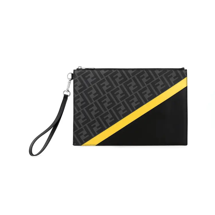 FENDI Logo FF Canvas Leather Clutch Bag Regular Men’s Black Gray 11.4×7.5 in