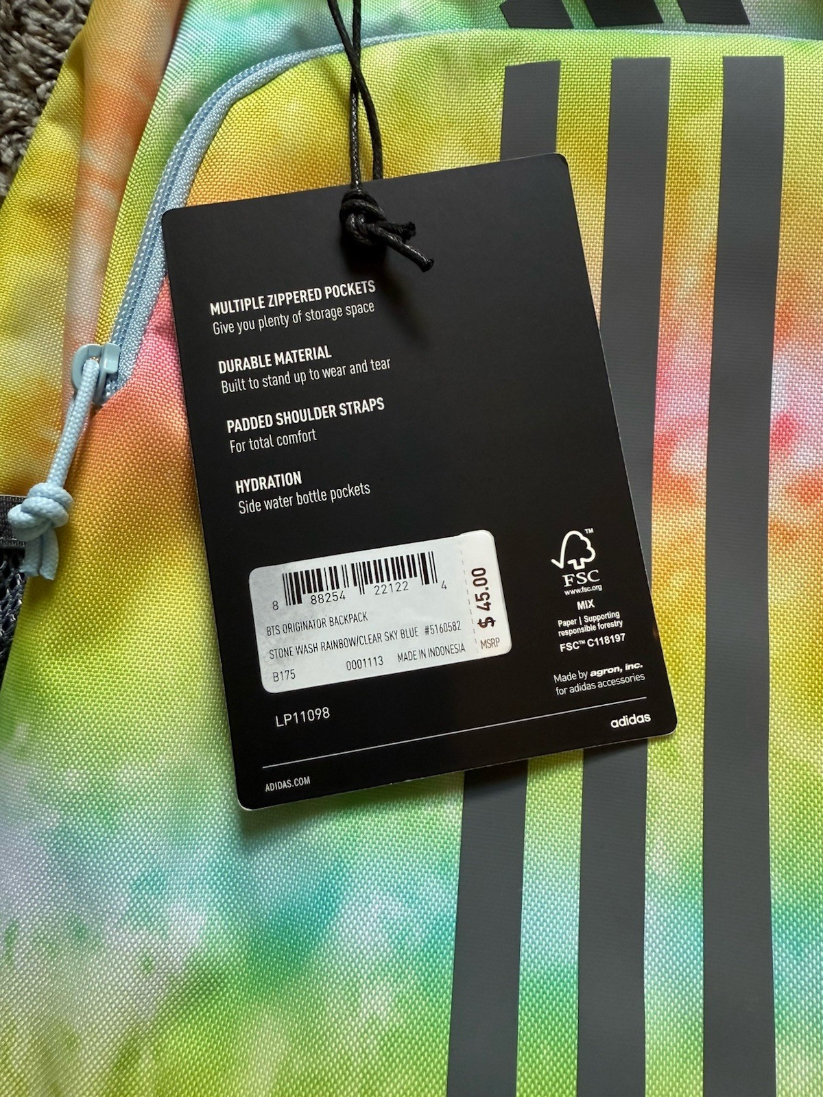 🌈 Adidas BTS Originator School/Sports/Travel Backpack Stone Wash Rainbow