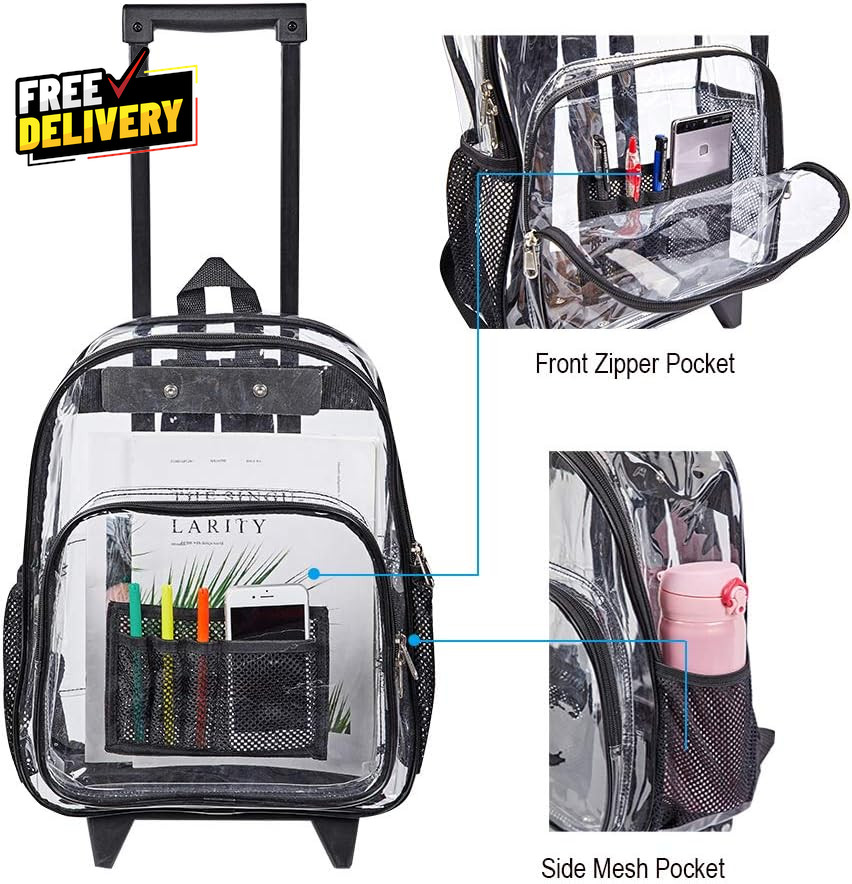 Rolling Clear Backpack Heavy Duty See through Bookbag Transparent PVC Cold……