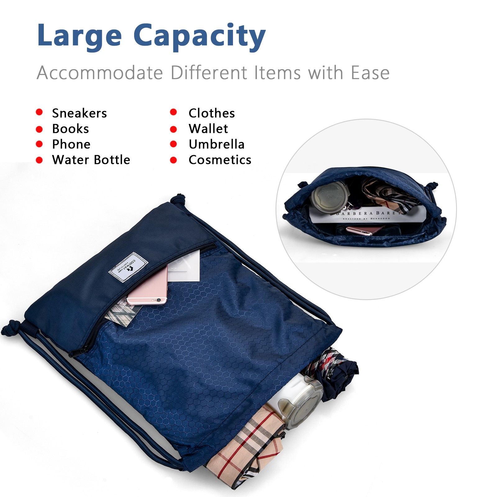 Costway Drawstring Backpack String Bag Folding Sports Sack w/Zipper Pocket Blue