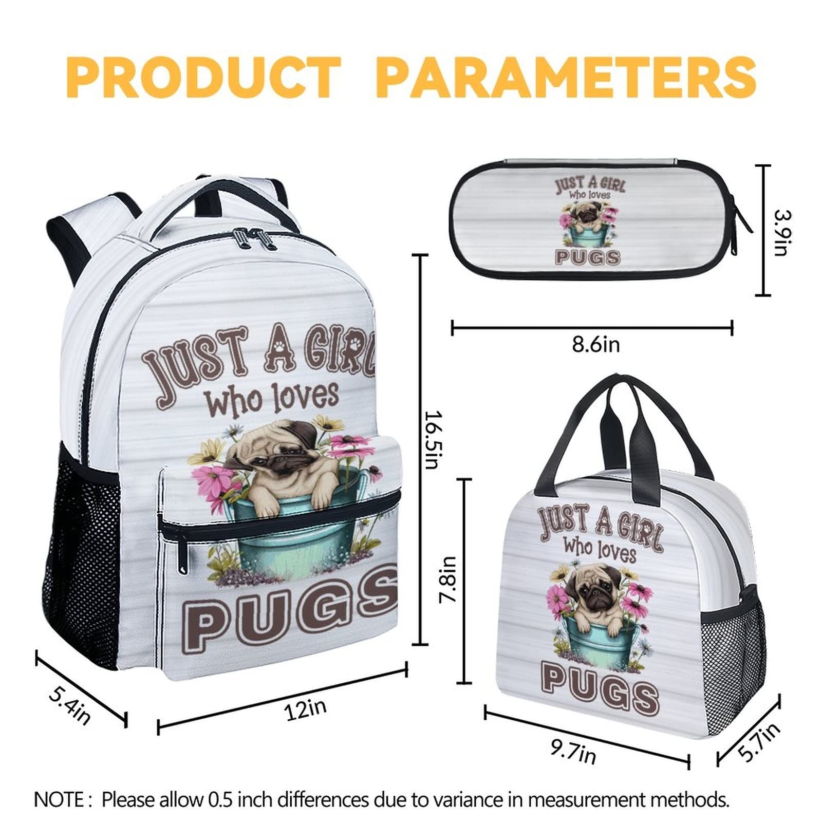 Pug Backpack 16 Inch with Lunch Box & Pencil Case – Durable School Bag for Kids