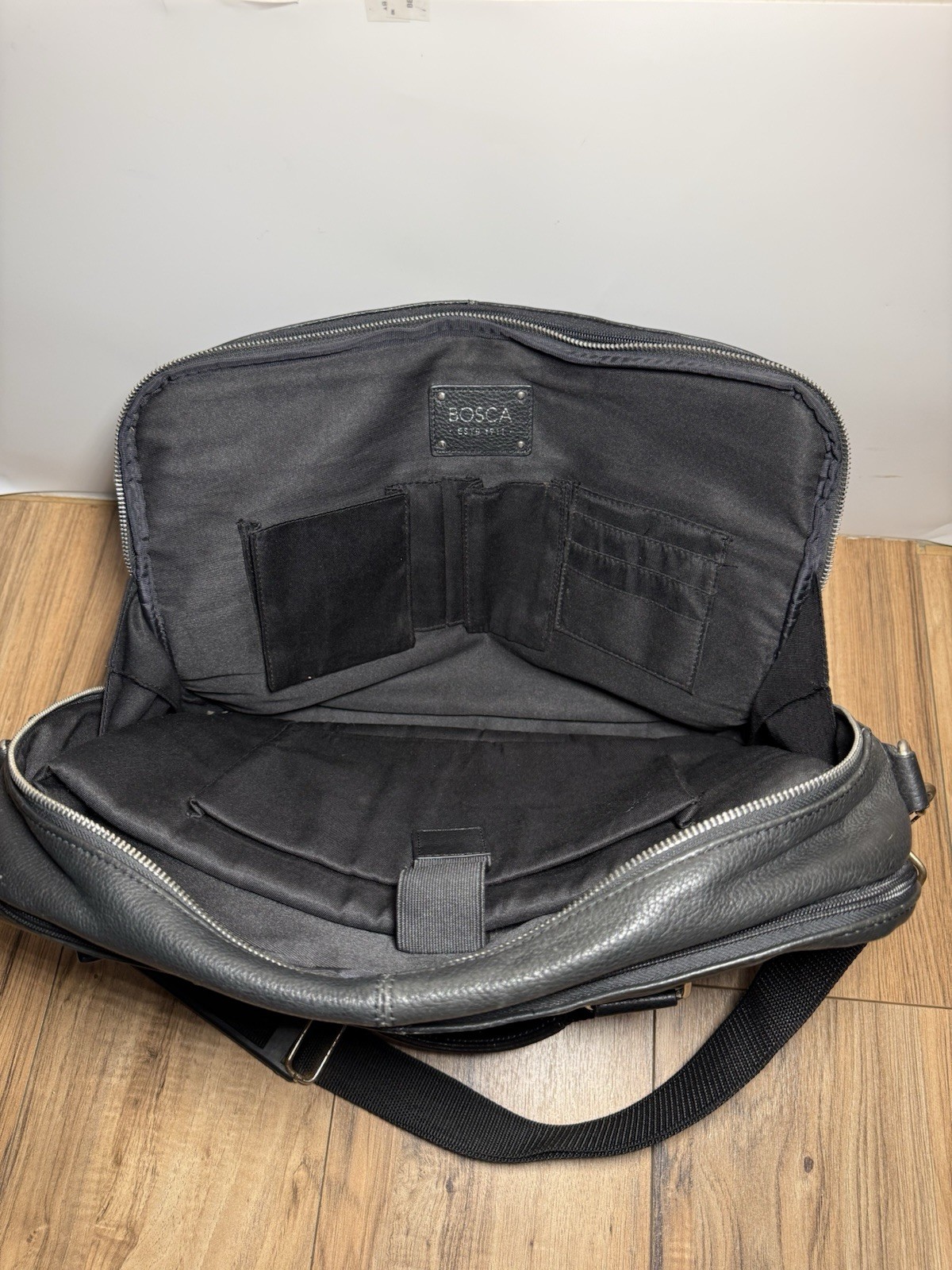 Bosca Full Grain Black Leather Monfrini Stringer Briefcase Laptop Messenger Bag