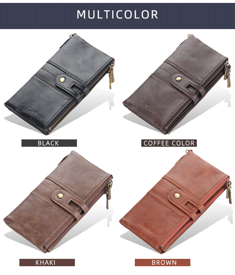 Men Wallet with Anti-Theft Chain RFID Blocking Leather Purse Zipper Phone Holder