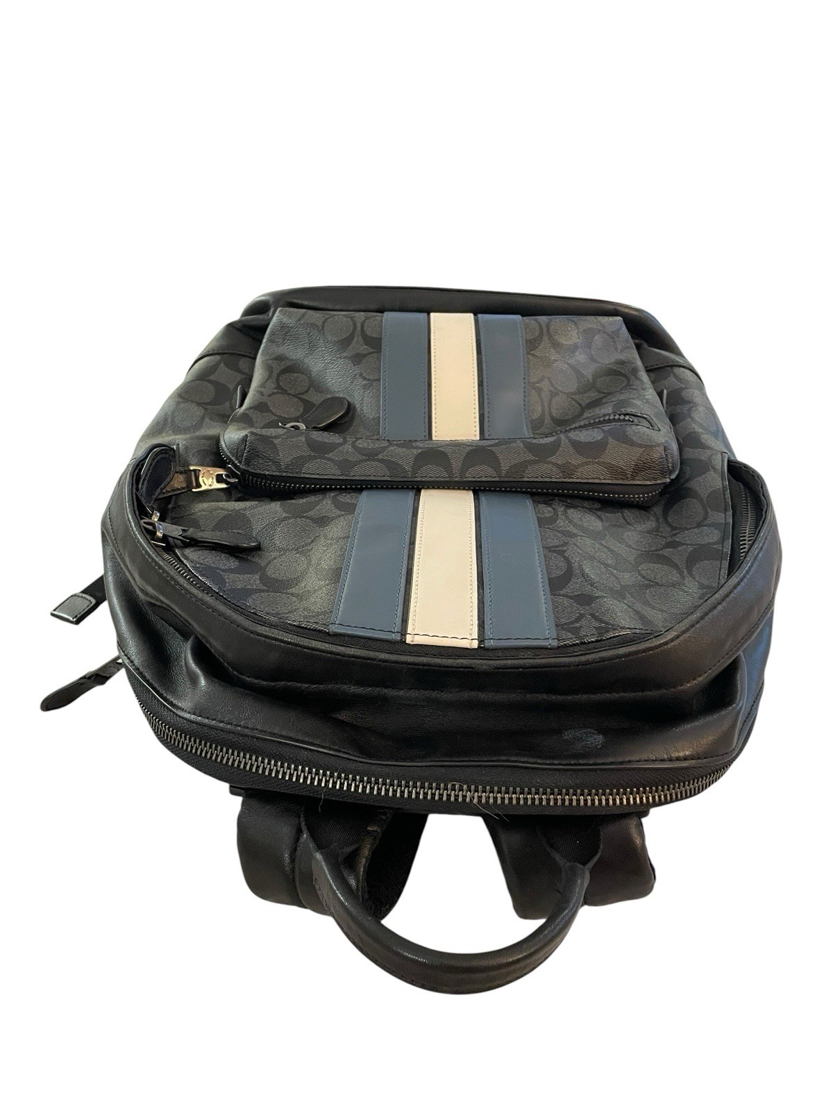 Coach Graham Backpack Signature Charcoal Black Blue Stripe Leather Laptop Bag D2
