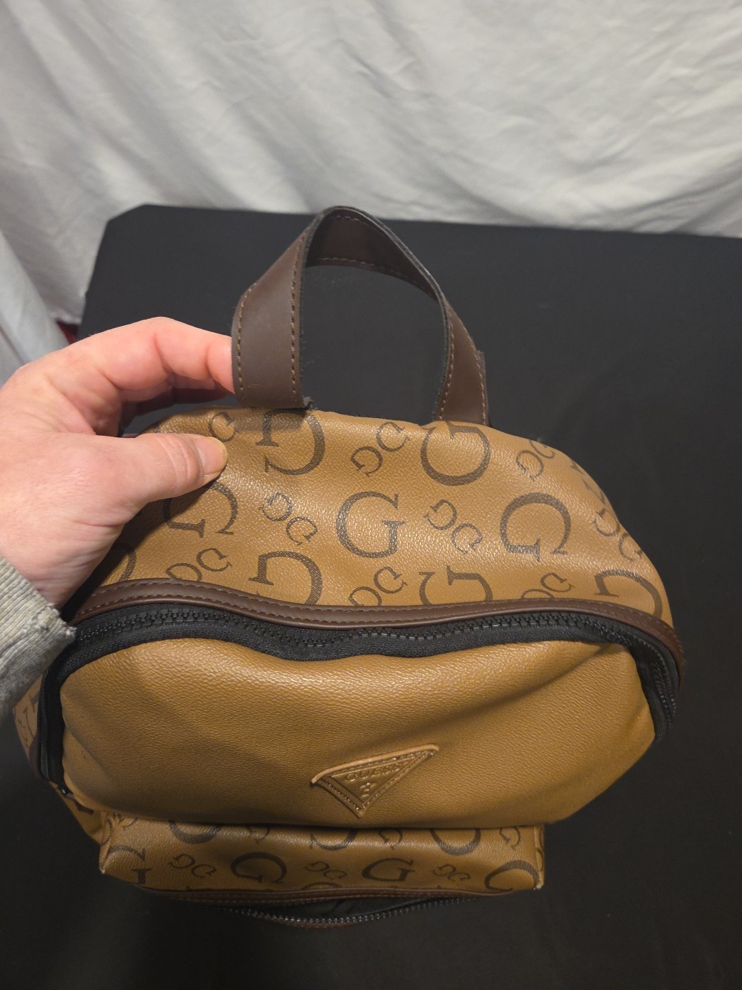 Guess Mens Backpack Bag Monogram Travel Adjustable Strap Zipper Brown