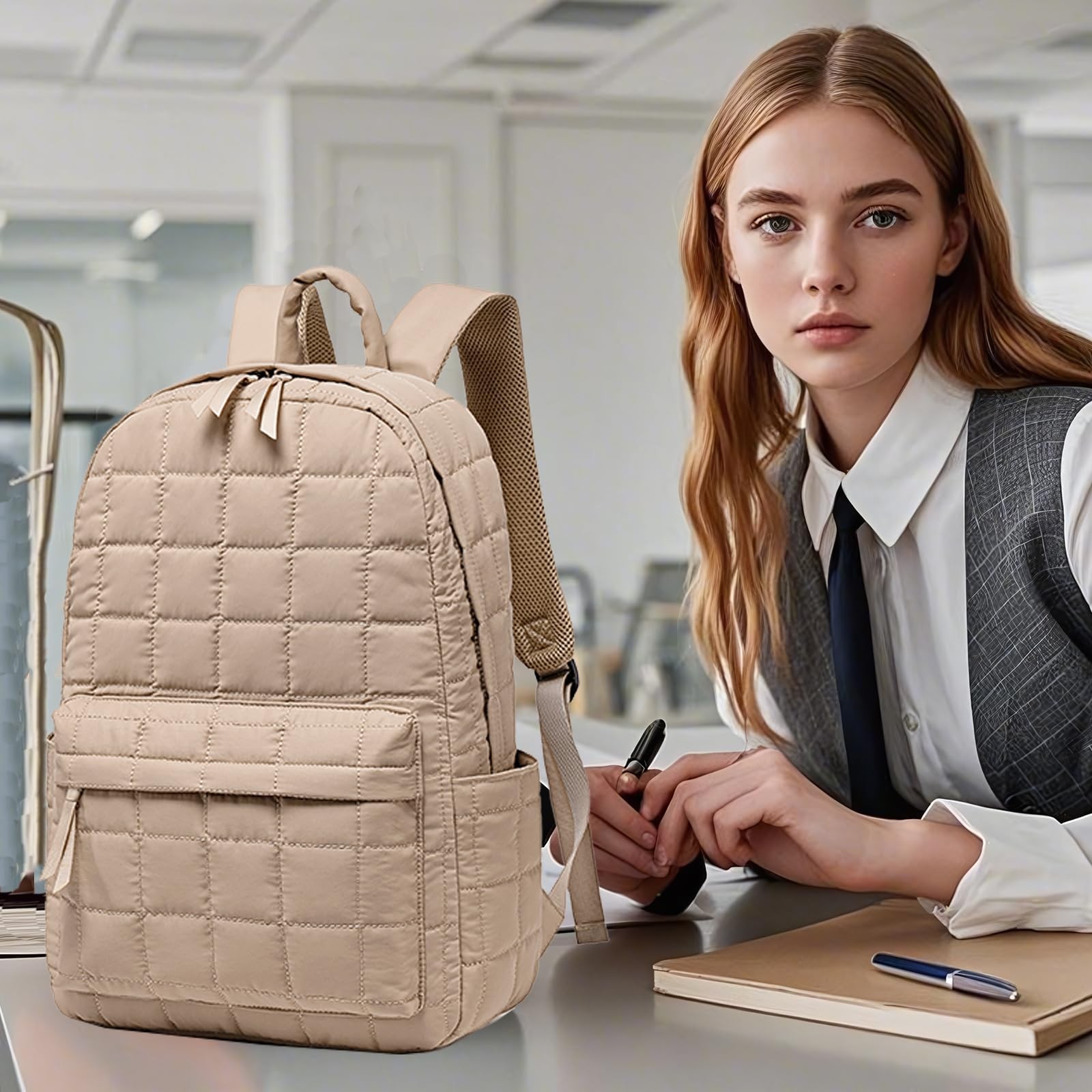 Travel Backpack Women Work Quilted College Bag Fits 15.6 Inch Laptop Khaki