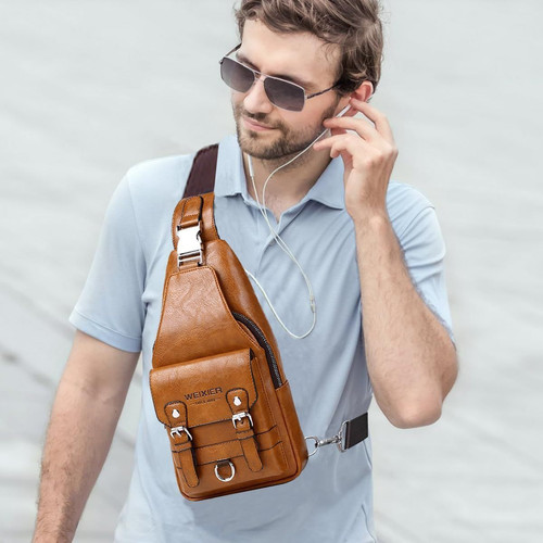 PU Leather Sling Bag for Men – Waterproof, Lightweight, B-light Brown
