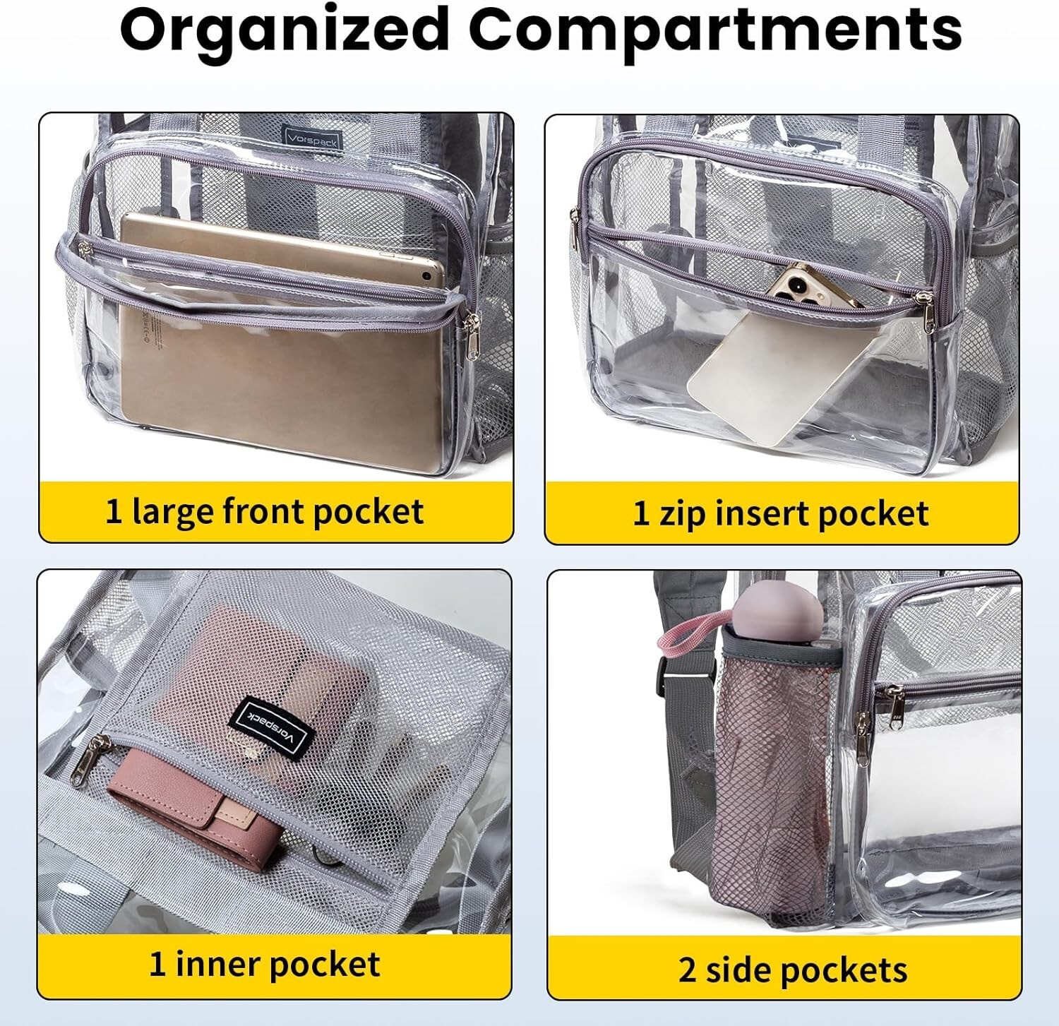 Vorspack Clear Backpack Heavy Duty – Large Book Bag with Grey