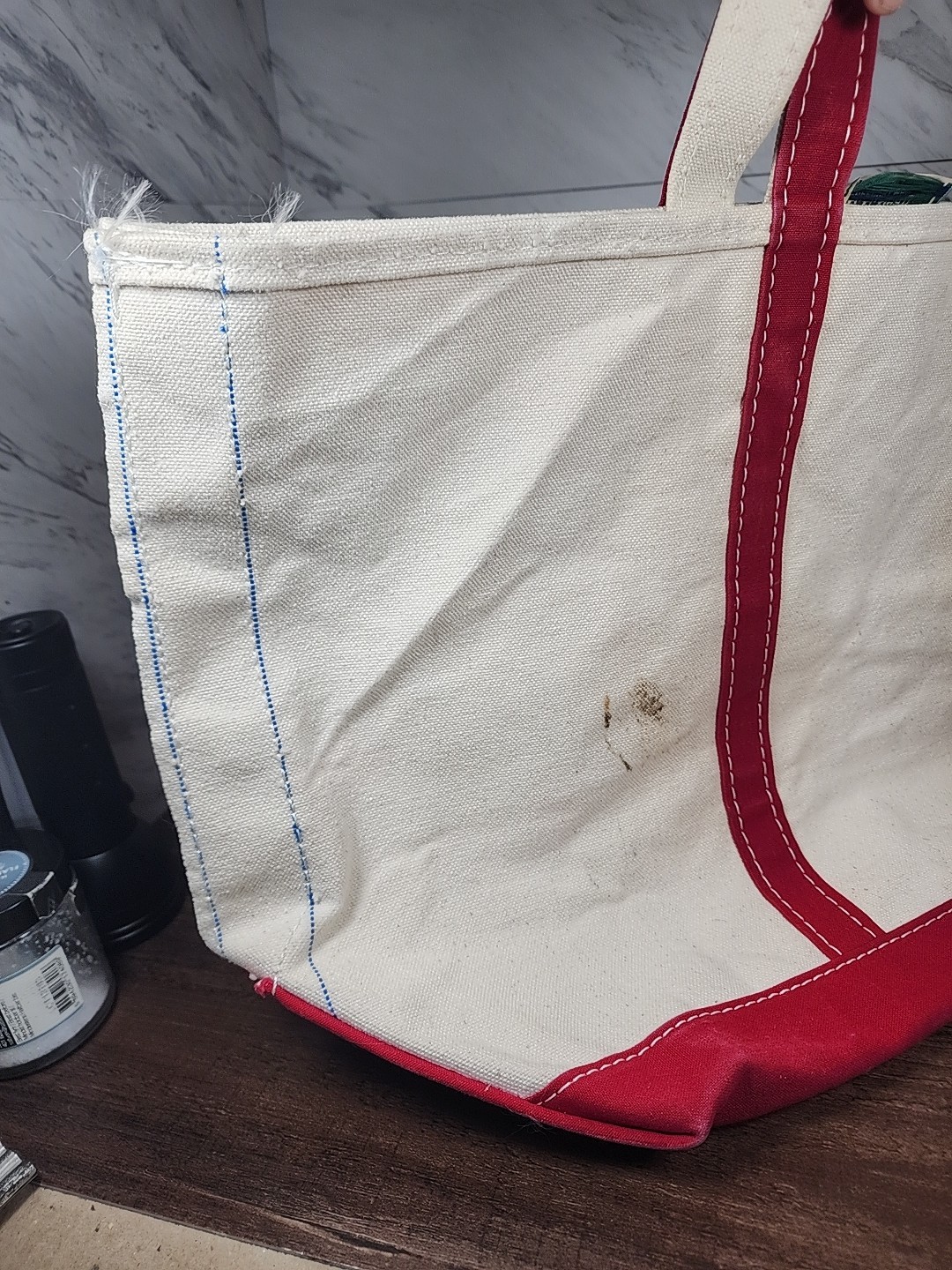 ☆Vintage☆ LL Bean Boat and Tote Bag Large Ivory Red Stiff Canvas Sawtooth Label