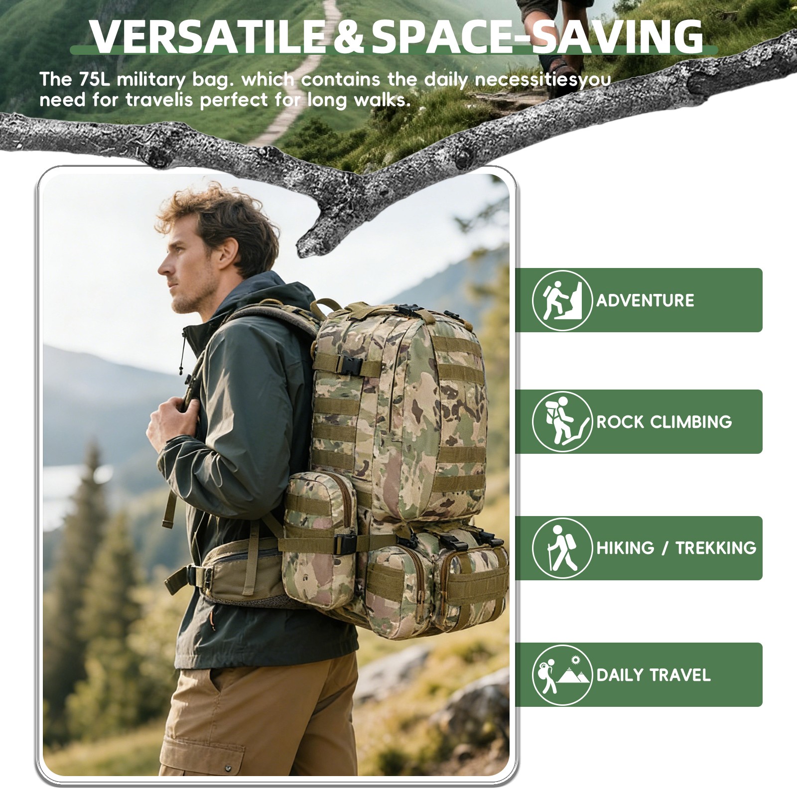 75L Military Tactical Backpacks Large Rucksack Outdoor Hiking Camping Travel Bag