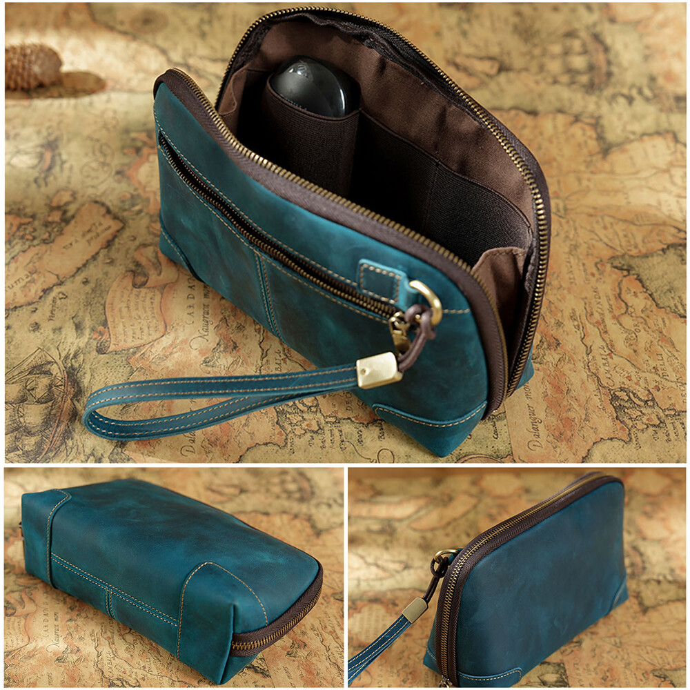 Genuine Leather Men Clutch Bag Earphone Charger Data Cable Storage Pouch Handbag