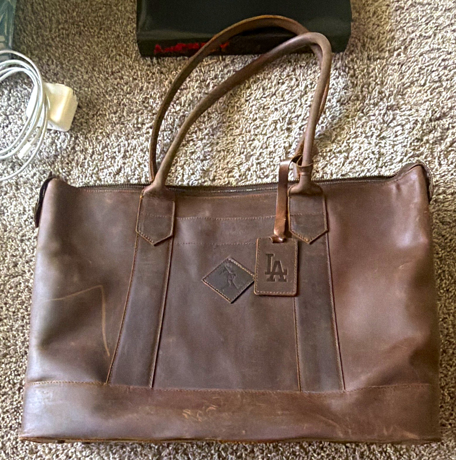 Brown Large Tote Bag Zip Closure Double Handles Detachable Strap Pockets Lined