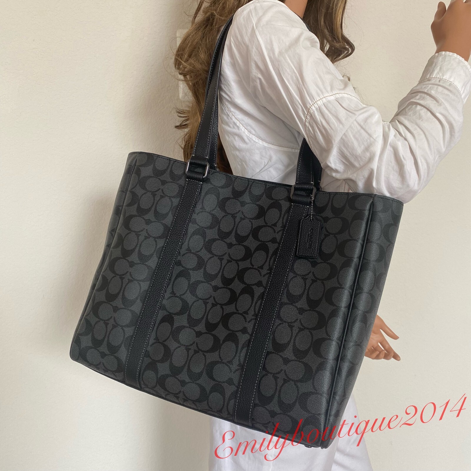 Coach CB849 Hudson Double Handle Tote Signature Canvas & Leather Charcoal Black