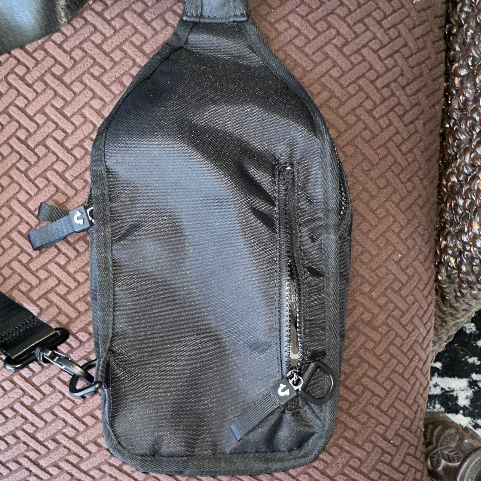 True Religion Men’s Black Sling Crossbody Bag Zip Pockets Buddha