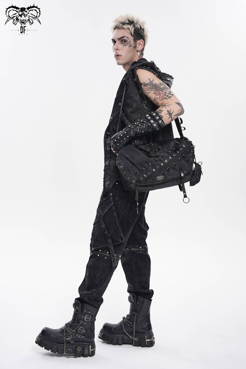 Devil Fashion Men Black Gothic Punk Skull Stud Spiked Shoulder Bag Messenger Bag