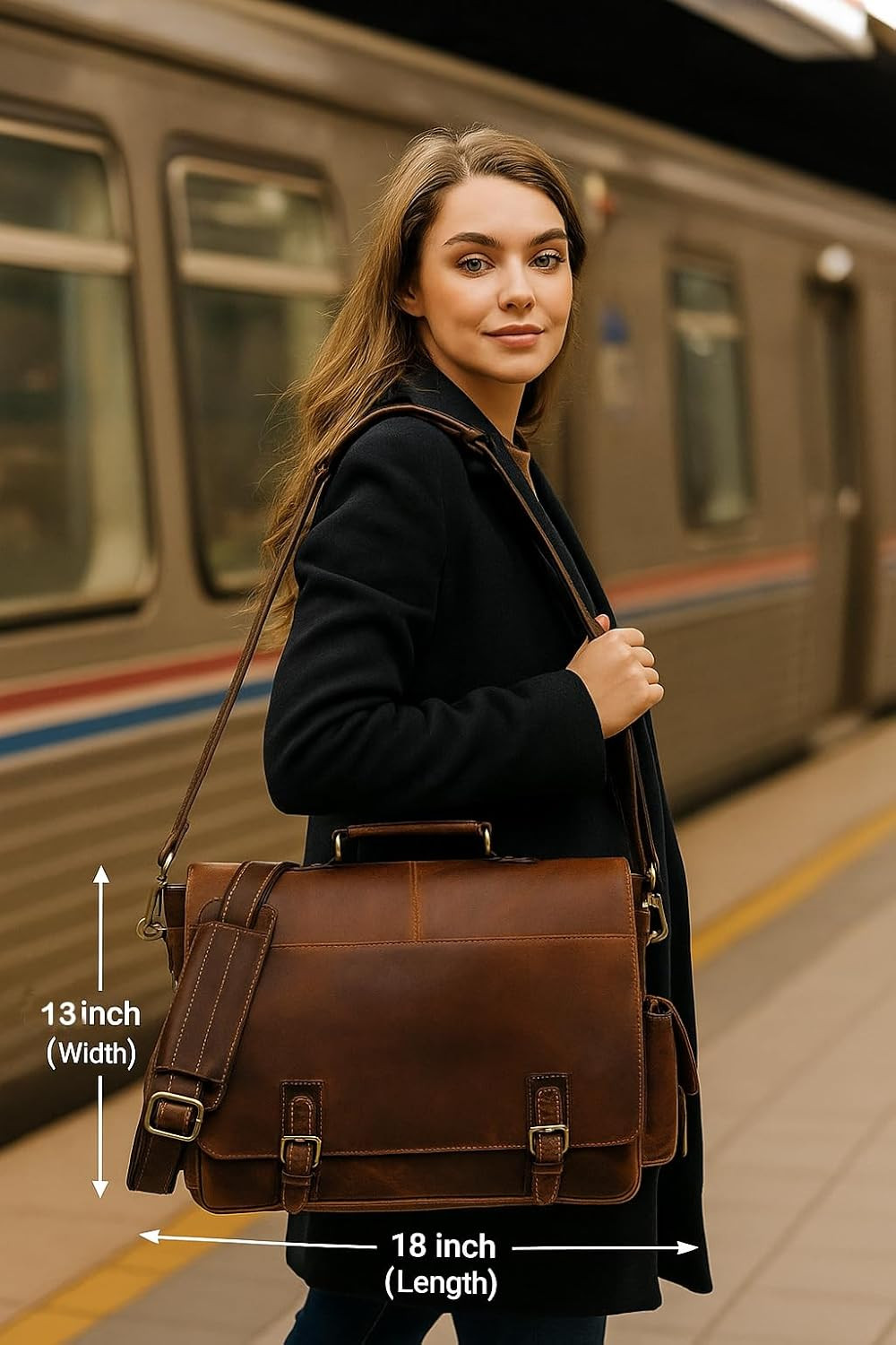 Versatile 18-Inch Brown Leather Messenger Bag for Men & Women