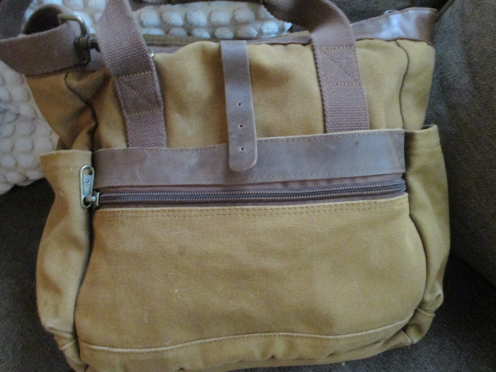 Duluth Trading Co Brown Leather & Firehose Canvas Large Tote – strap & handles