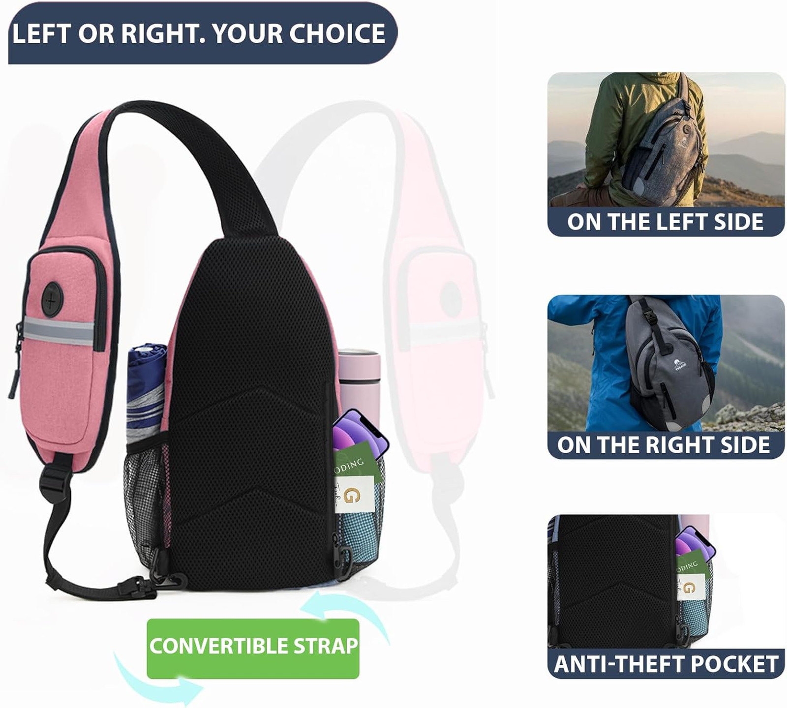 Sling Backpack for Women Men Water Bottle Holders 17 Pockets Travel Bag with