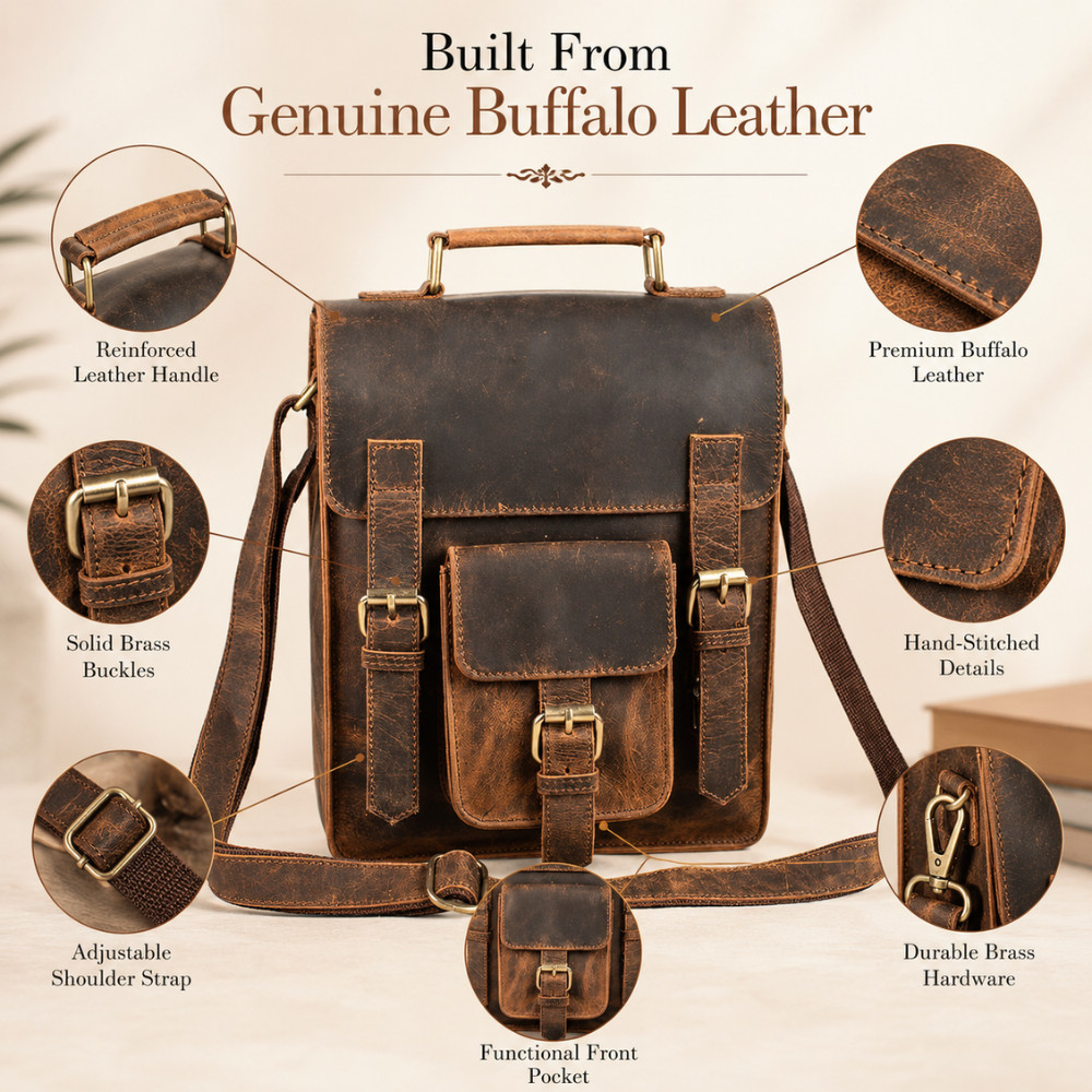 11″ Buffalo Leather Sling Bag Mens Dark Brown For iPad, Tablet Crossbody Strap