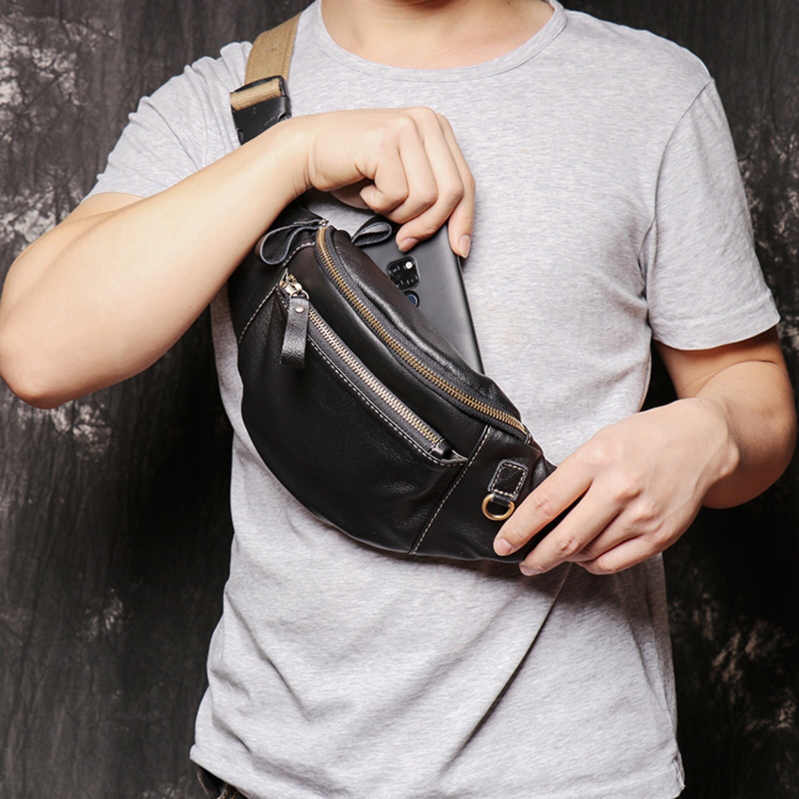 Mens Leather Crossbody Sling Bag Adjustable Strap Fanny Pack with Zippers