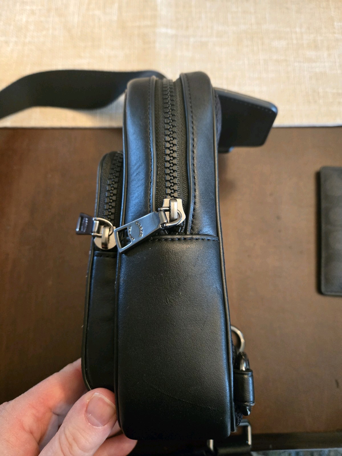 Coach Racer Sling Pack Signature Canvas Leather CV763 Tan Black black wallet