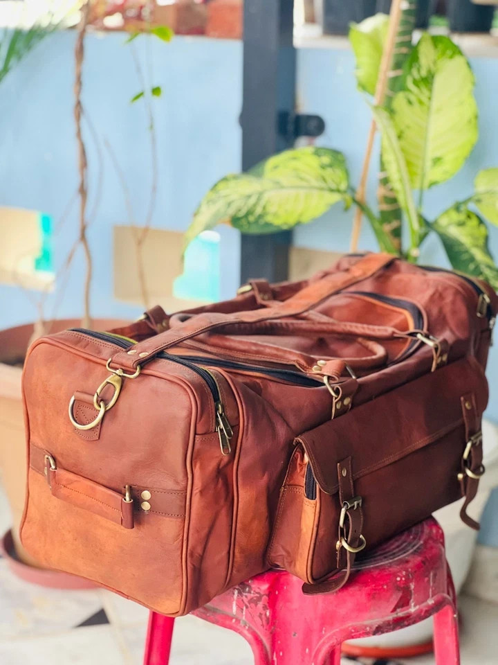 Genuine Goat Leather Travel Bag Gym Duffel Brown Duffle Men Overnight Luggage