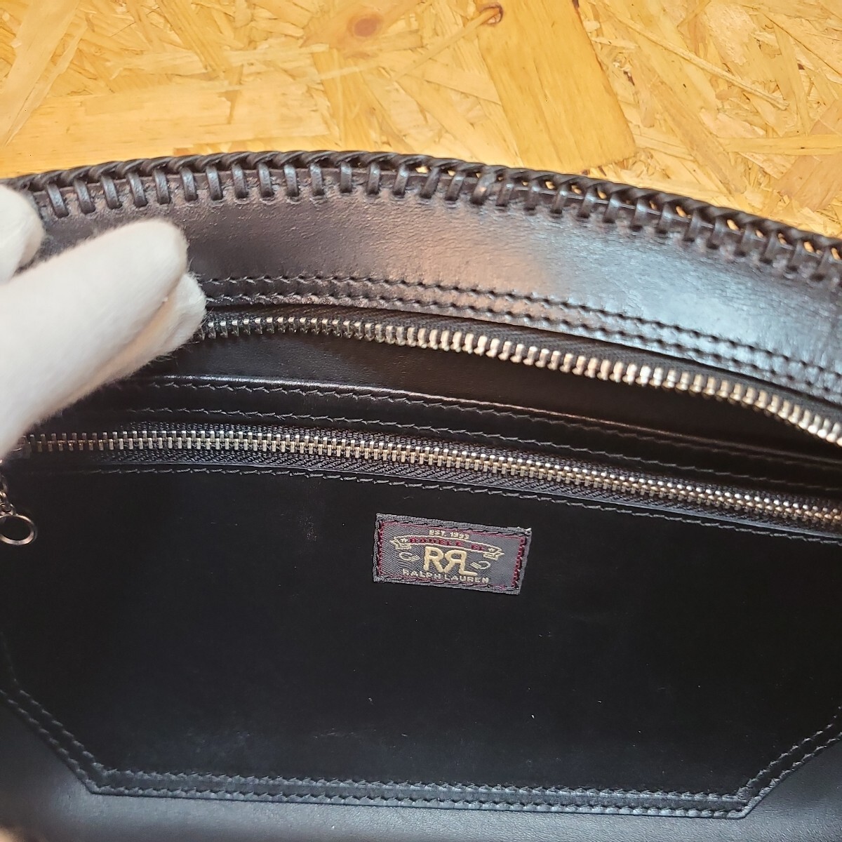USED BAG RRL RALPH LAUREN Double R Carving Leather Second Clutch Bag Cowhide