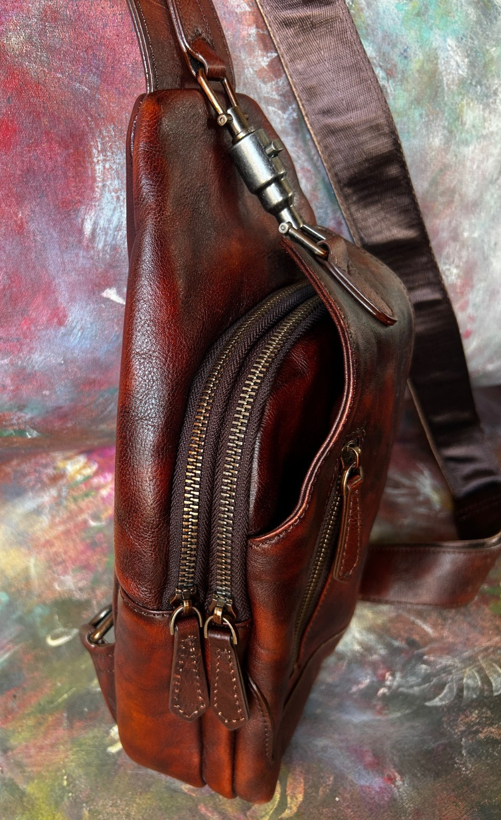 Reddish Brown Leather Sling Bag, Multi-Compartment, Medium Size, Unbranded