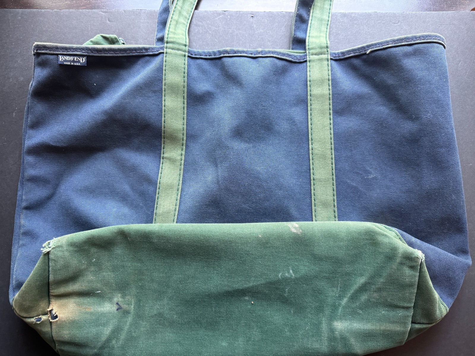 LANDS’ END HEAVY CANVAS ZIP TOTE LARGE 22X14 NAVY GREEN MADE IN USA