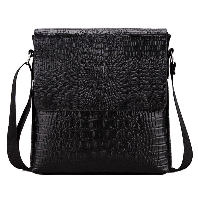Men’s Sling Shoulder Bag Leather Black Crocodile Crossbody Bag 10″ Messenger Bag