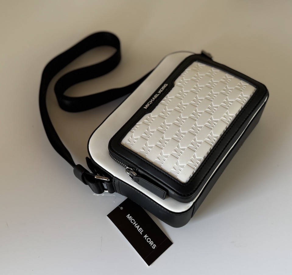 MICHAEL KORS COOPER EAST WEST CROSSBODY FLIGHT BAG MK EMBOSSED BRIGHT WHITE