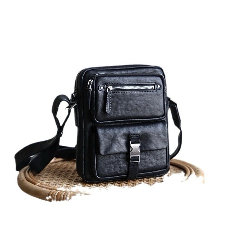 Genuine Leather Messenger Bag for Men Multi-Pocket Crossbody Shoulder Bag Black