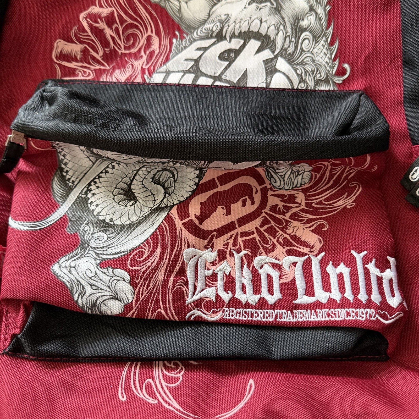 Y2K Rare Ecko Unltd. Unisex Grungy Embroidered Logo Red Rhino Skull Backpack