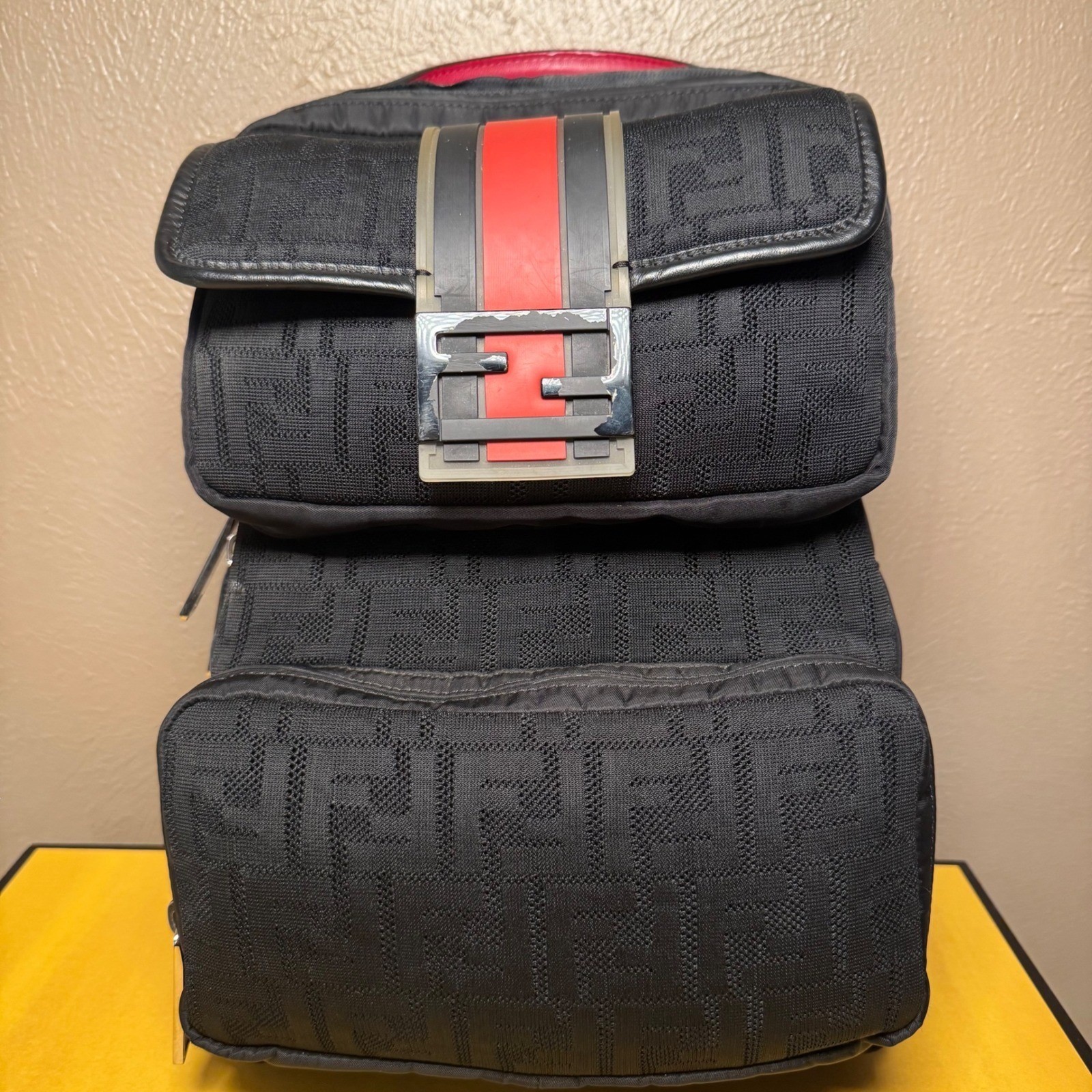 Fendi Black Zucca Monogram Knit Backpack Red Leather Trim 7VZ044 Made in Italy
