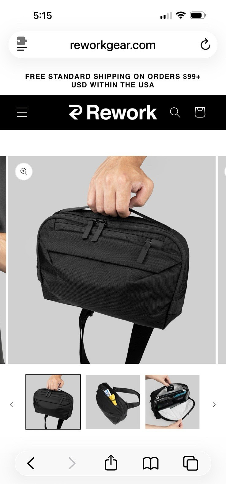 Rework Crossbody Sling Bag Black 5L Zip Closure Adjustable Shoulder Strap
