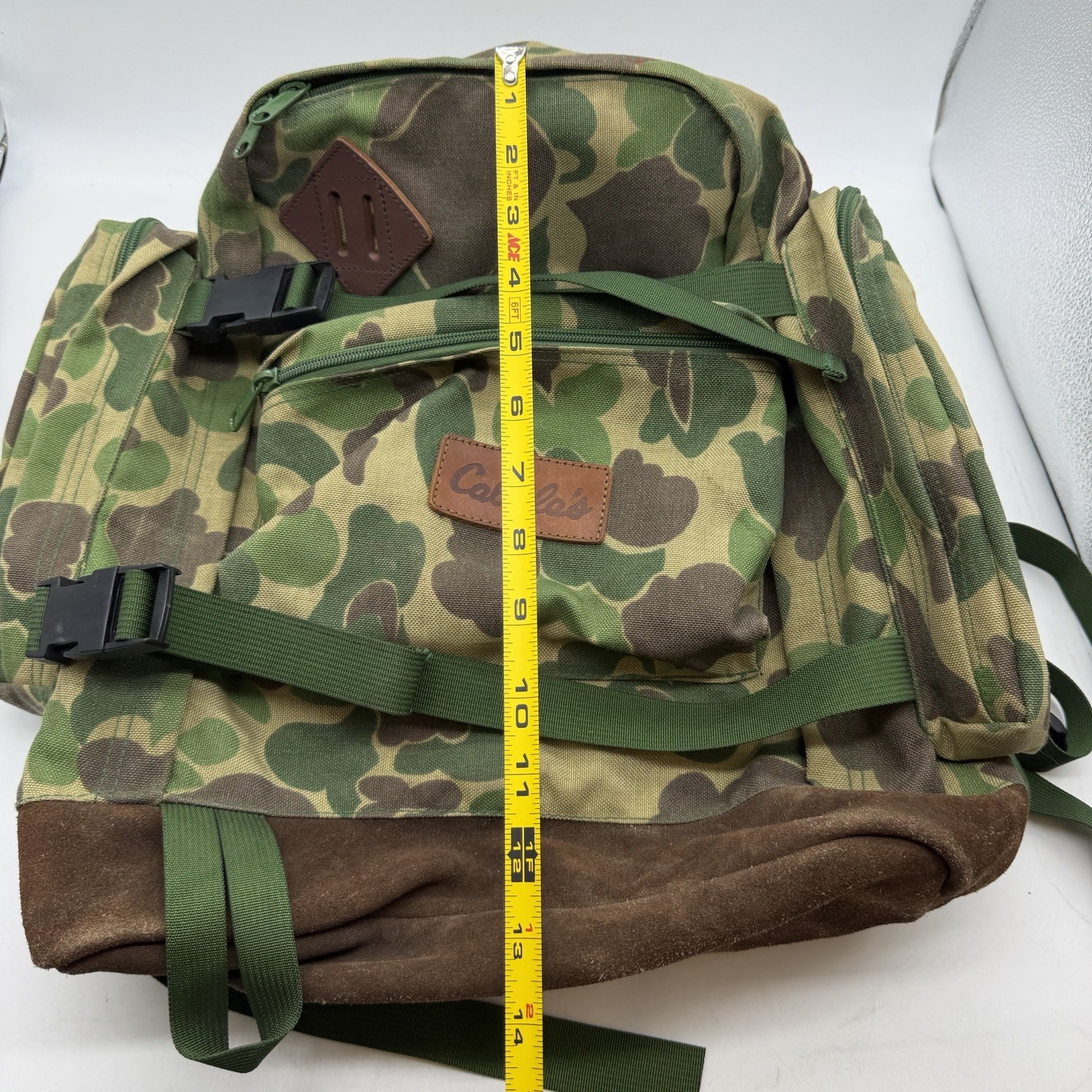 Vintage Cabela’s Hunting Backpack Suede Leather Bottom Frogskin Camo Green Brown