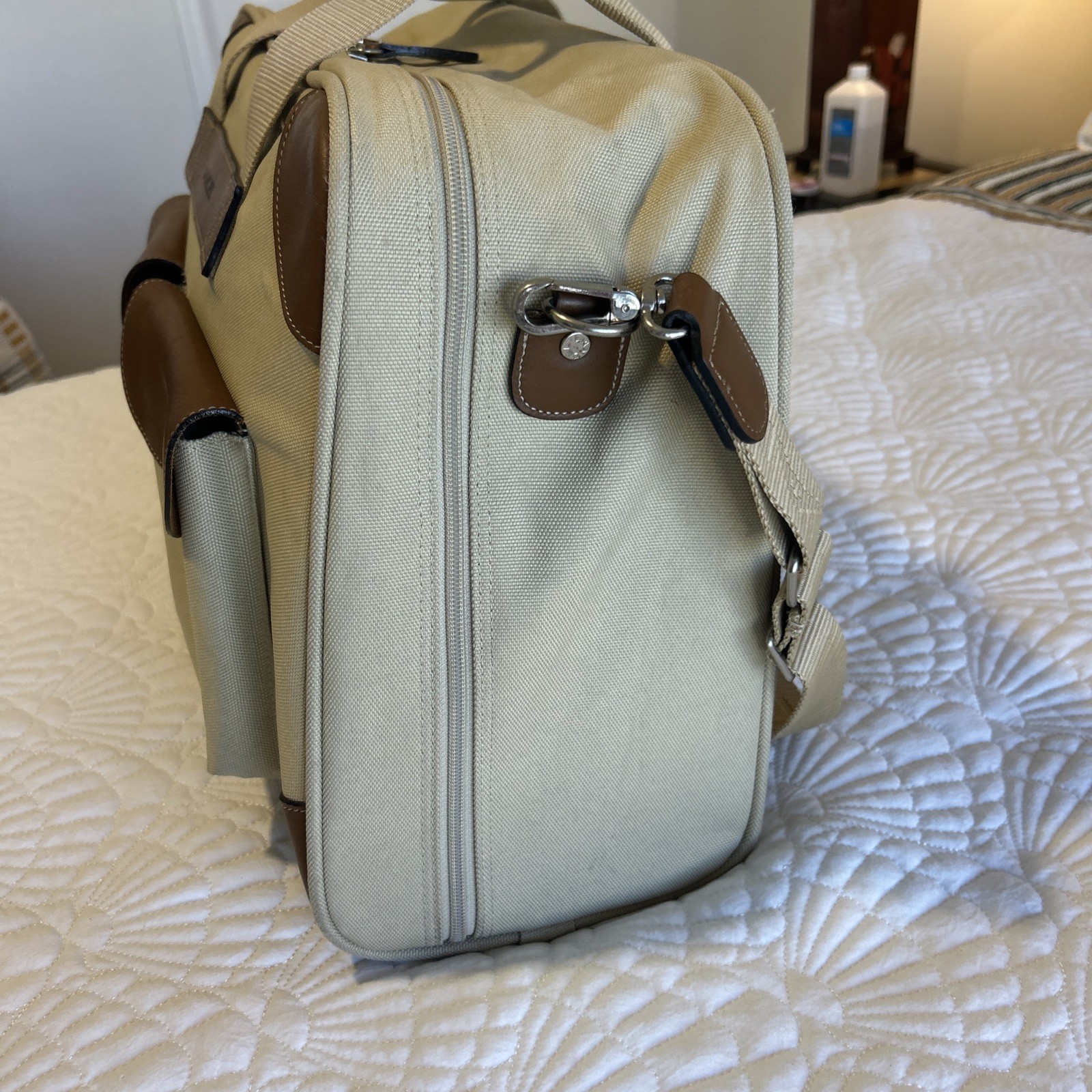Lancel Paris Canvas Leather Weekend Carry-on Duffel Brown Tan Beige Luggage Exc