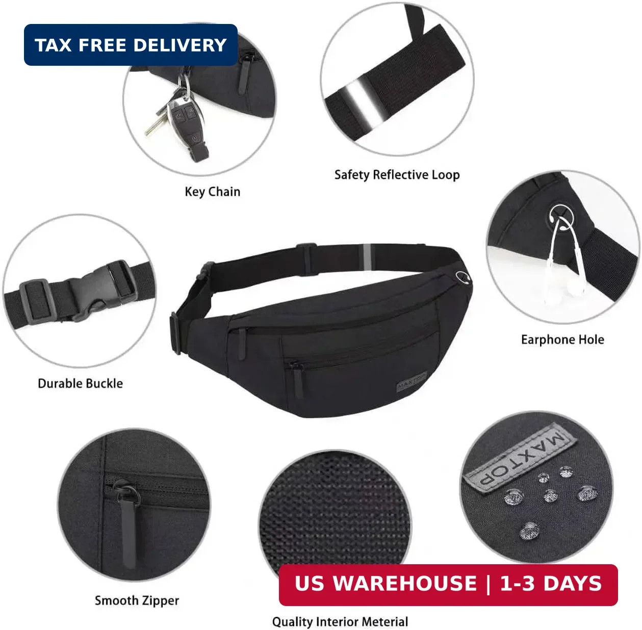 Large Crossbody Fanny Pack 4 Zipper Pockets Waist Bag Phone Wallet Travel
