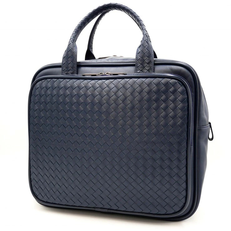 Bottega Veneta Intrecciato Briefcase Business Bag Navy Leather Made in Italy