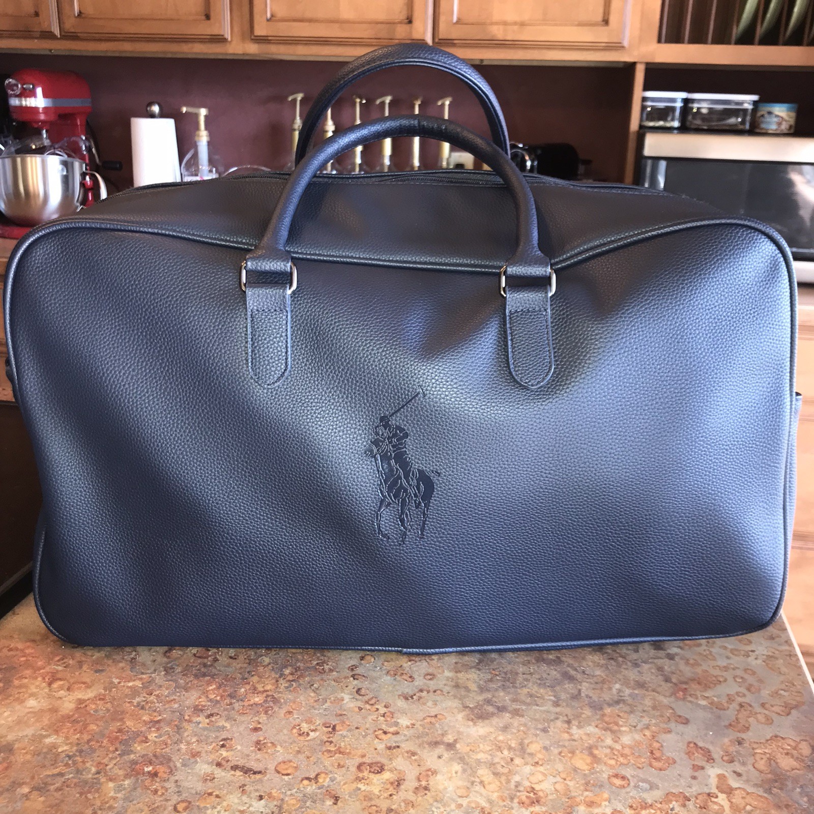 New Polo Ralph Lauren X4004 Faux Leather Navy Logo Duffle Bag Gym Weekender Bag