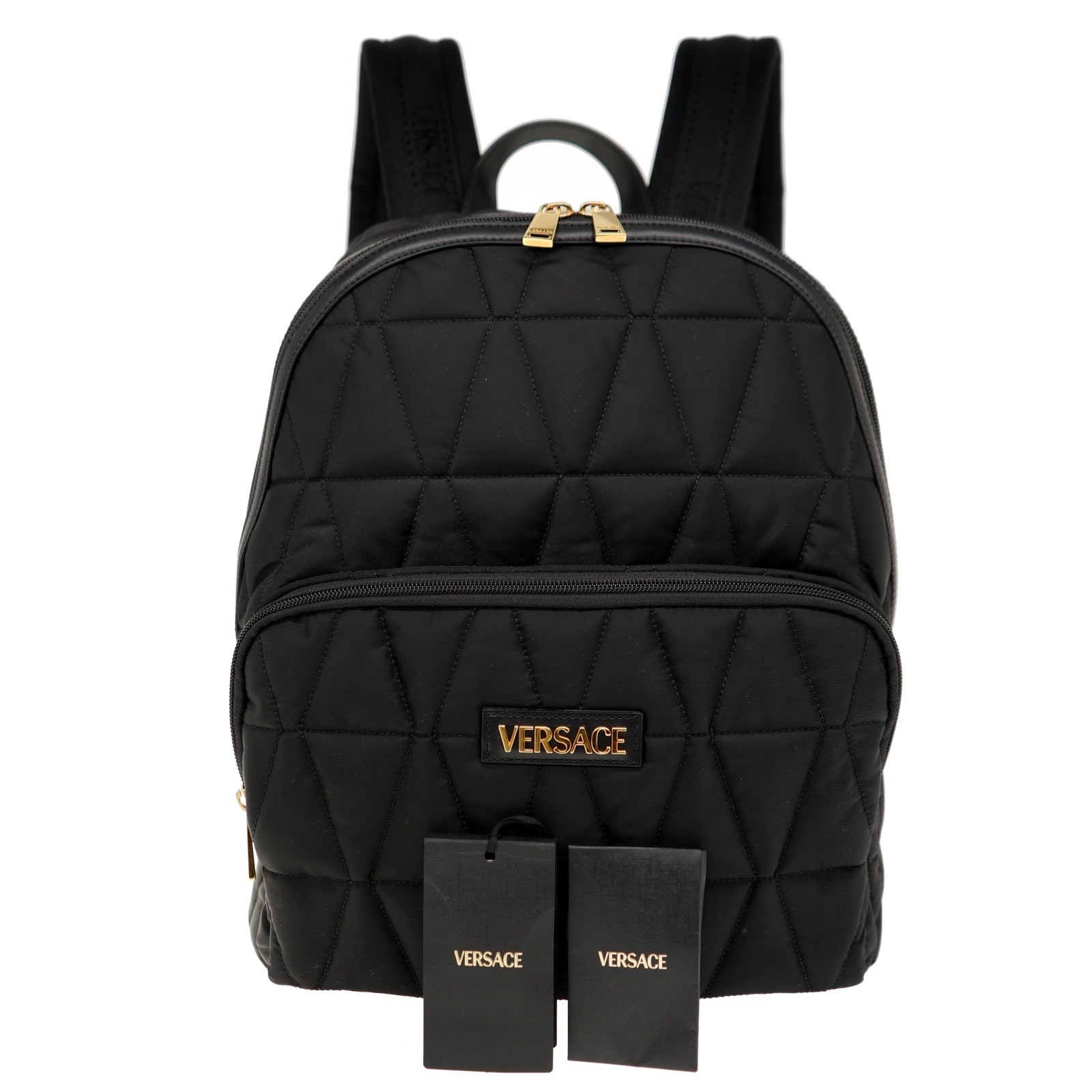 Versace Myth Embroidered Logo Backpack Quilted Black Nylon New