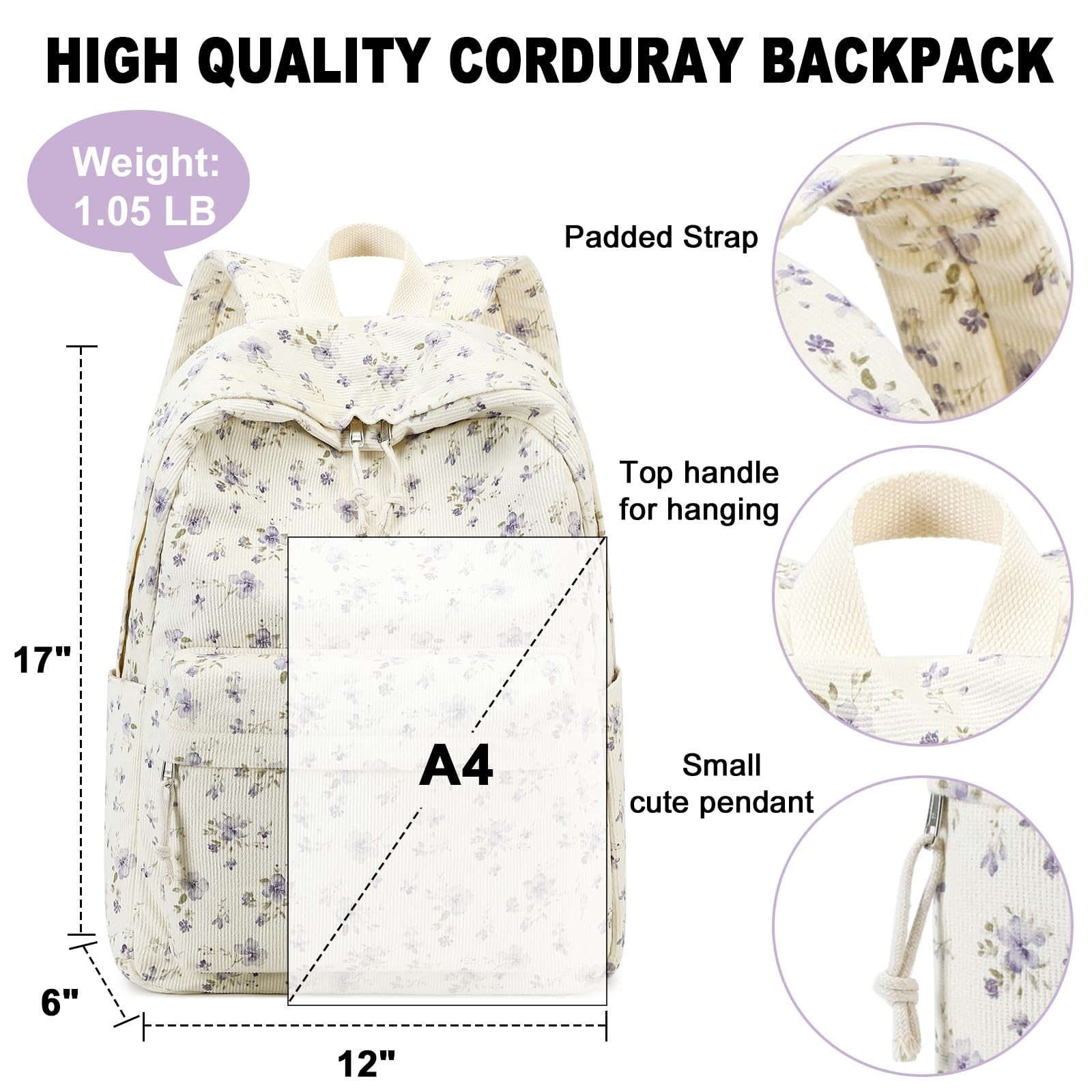 School Backpack for Girls Teens Large Corduroy Bookbag Lightweight 15.6 inch …