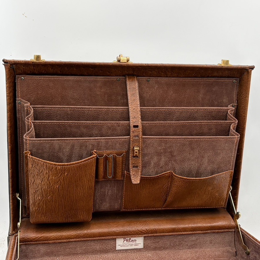 Vintage ATLAS Brown Ta Full Quill Ostrich Attaché Briefcase Amiet Locks w/ Combo