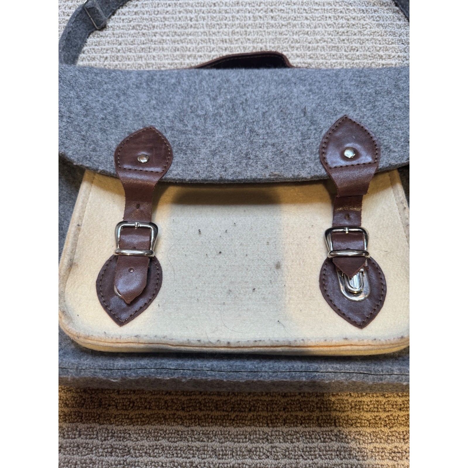 Grey Felt Satchel Messenger Bag Two Tone Buckle Strap Shoulder Bag