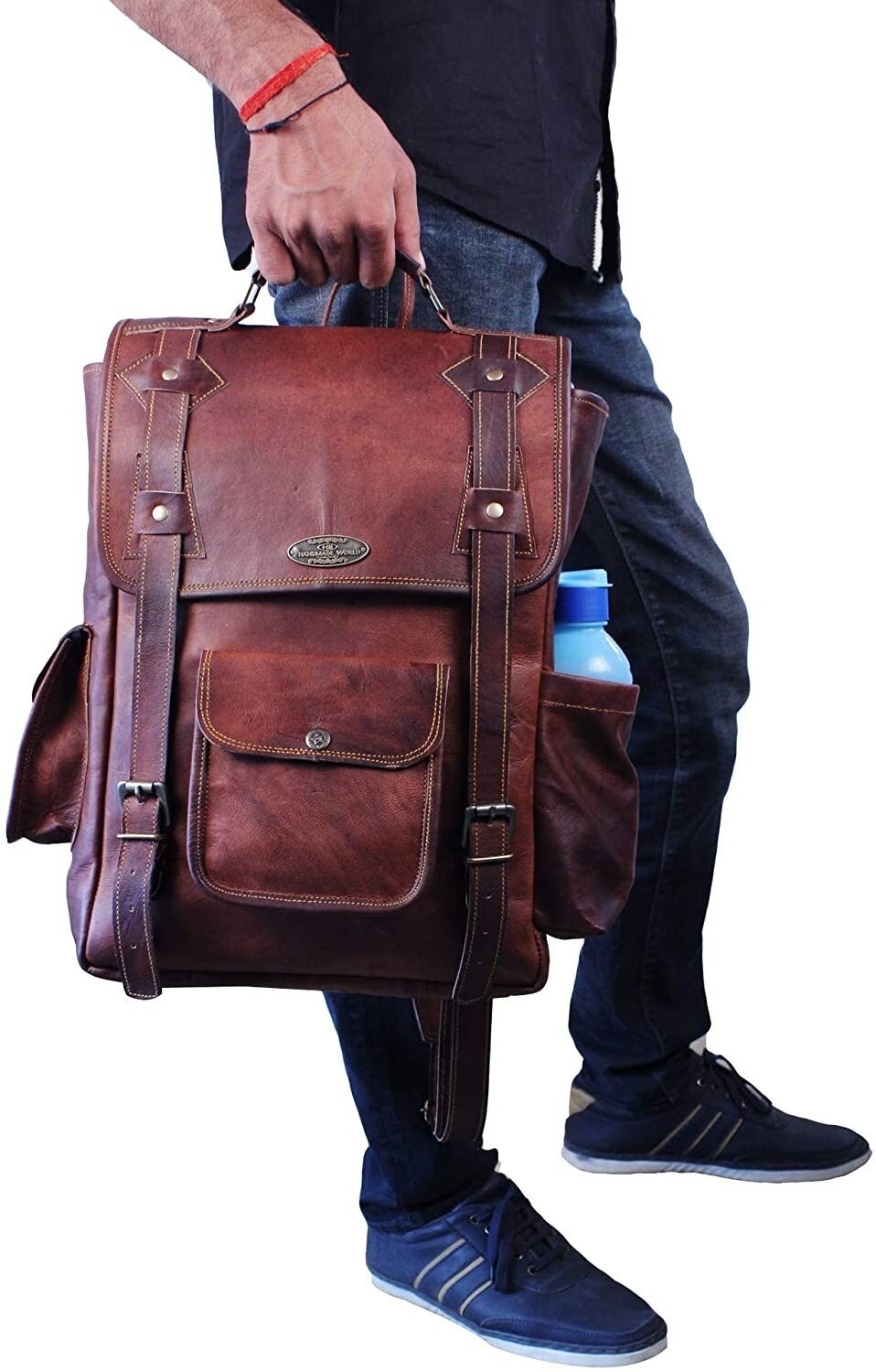 Brown Leather 16 Inch Backpack For Men Vintage Easy Open Push Lock Backpack