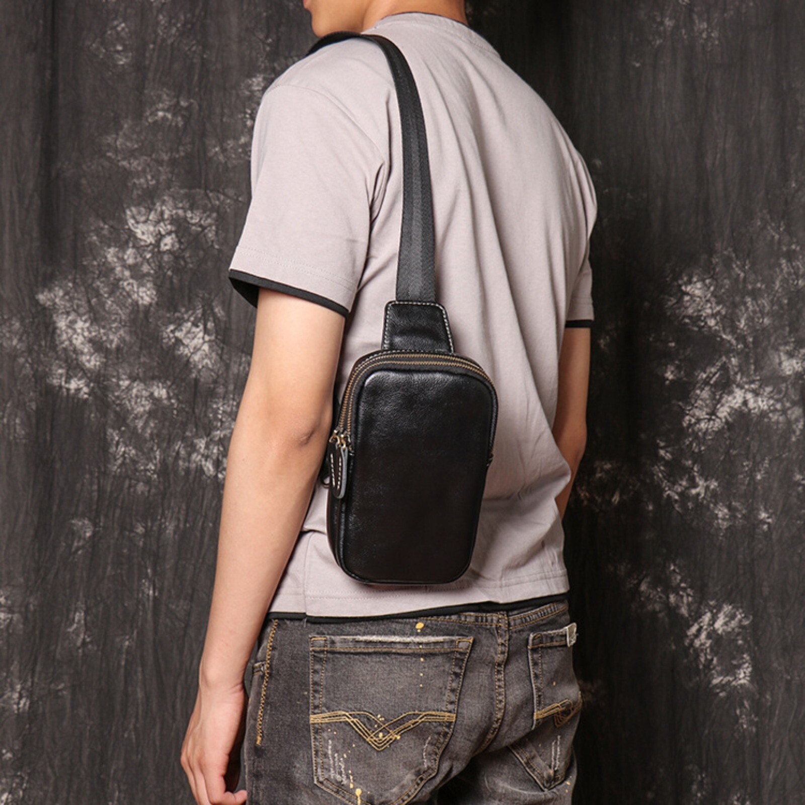 Men Black Leather Sling Bag Crossbody Shoulder Chest Pouch Small Travel Pack