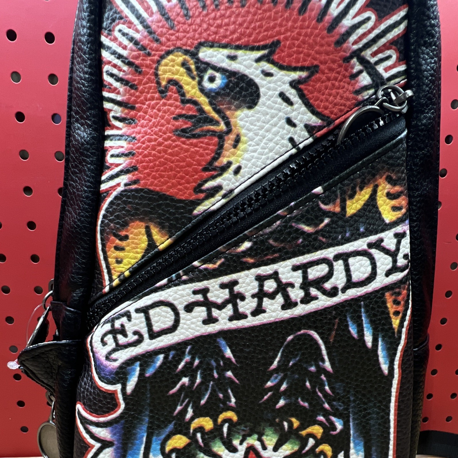 Ed Hardy Black Skull Eagle Graphic Sling Bag, Medium, Zip, Adjustable Strap