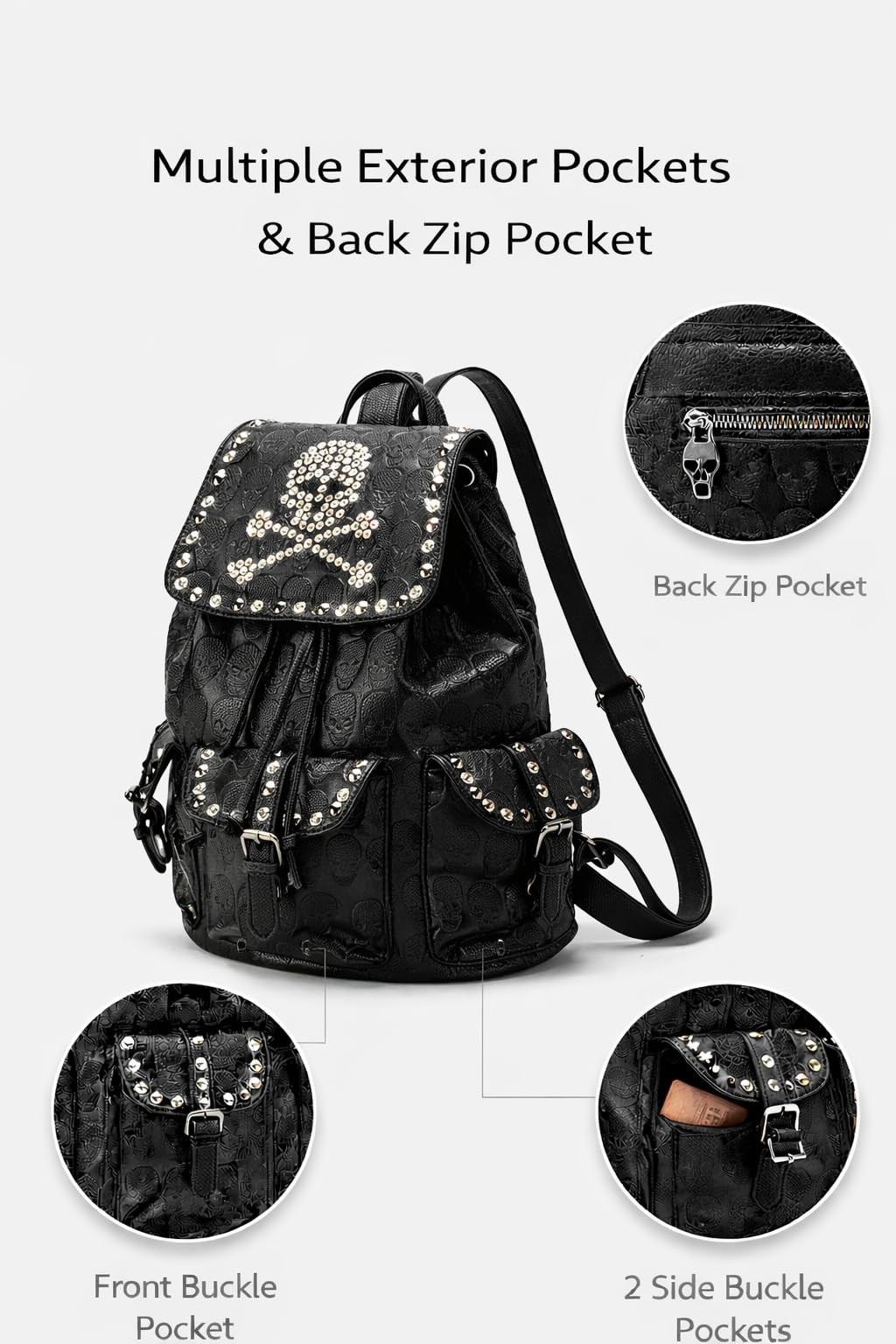 Gothic Skull Backpack PU Leather Punk Rucksack Drawstring Flap A4 Tablet Bag new