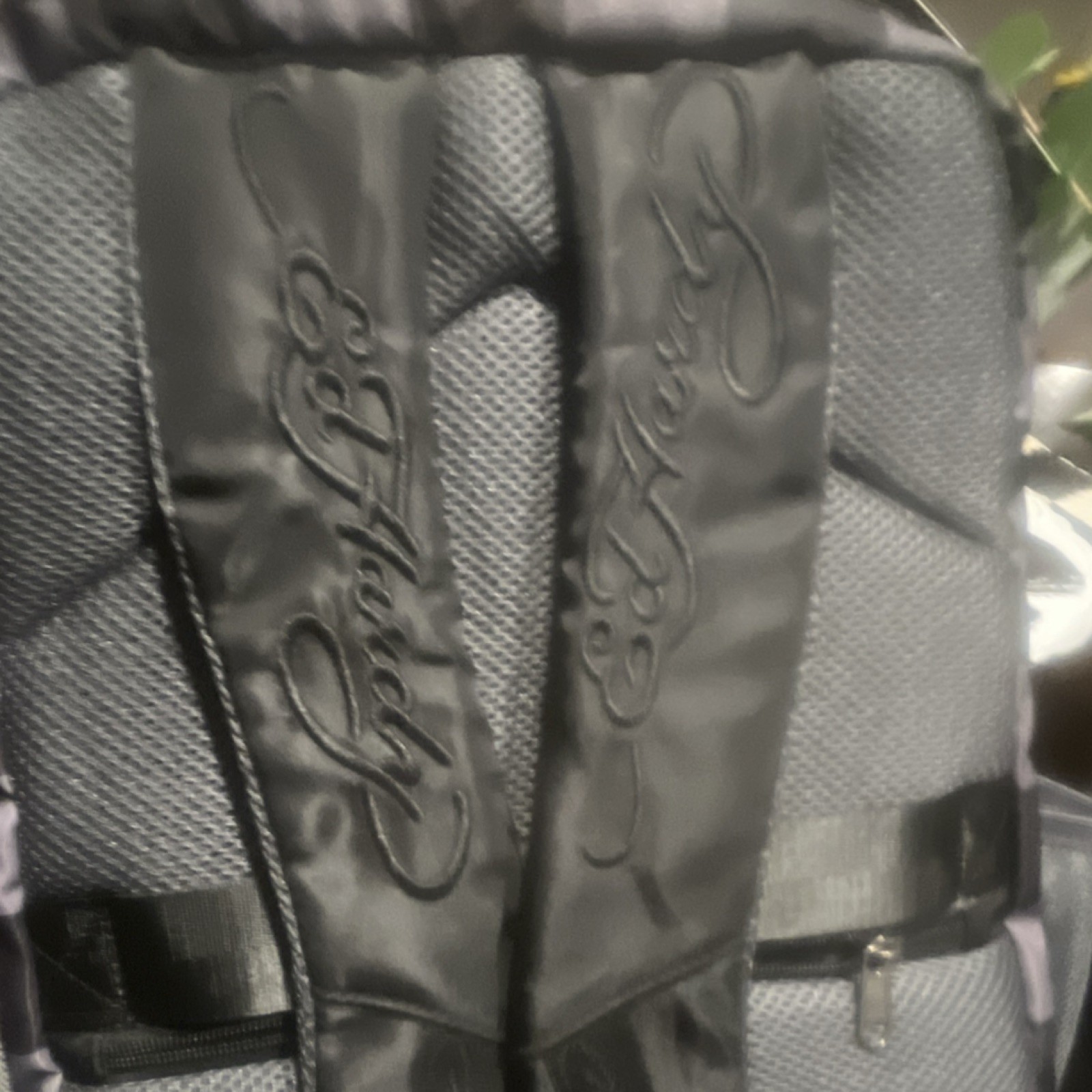 Ed Hardy Gray/Black Checkered Skull & Tiger Graphic Zip Backpack Padded Pockets