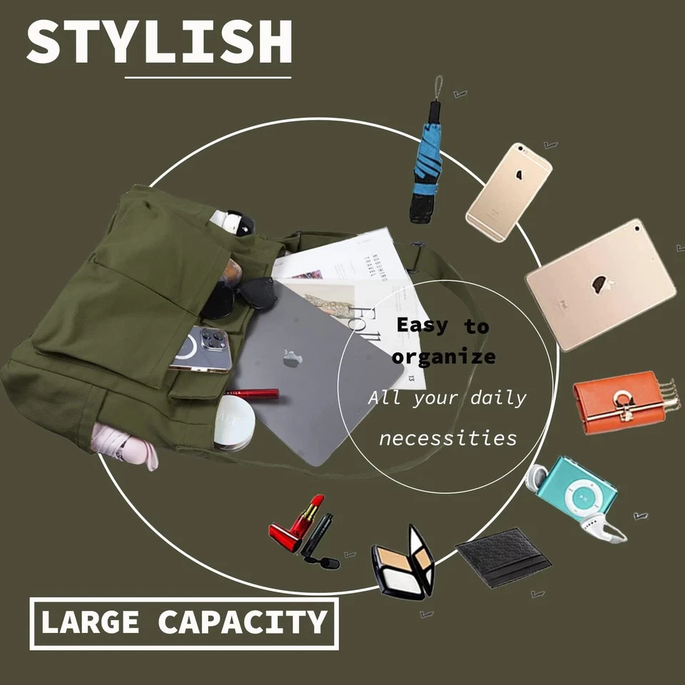 Canvas Messenger Bag Large Crossbody Bag with Multiple Pockets Casual Tote Bag